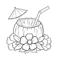 Coconut cocktail with straw and flowers isolated on white background. Tropical drink in half of coconut vector outline illustration.