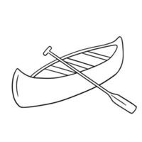 Wooden fishing canoe with paddle. Line sketch of boat. Outline vector illustration river transport