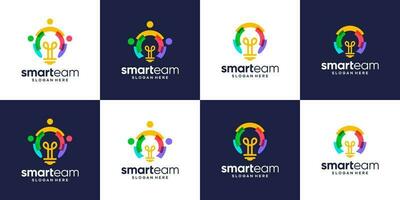 Collection of smart team logo design. people family together human unity logo and light bulb design graphic vector illustration. Symbol, icon, creative.