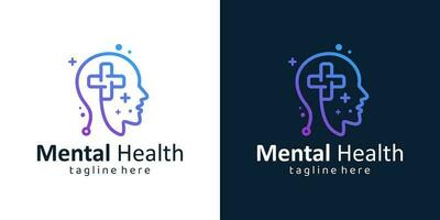 Mental health logo design. Psychotherapy symbol concept. Human head with Medical Cross graphic design vector illustration.