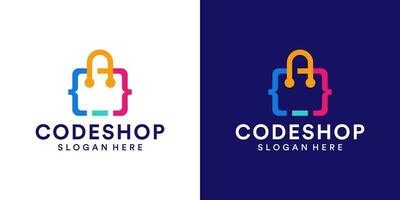 Colorful Coding logo design with shopping bag design template. Modern code logo for programmer graphic design vector illustration. Symbol, icon, creative.