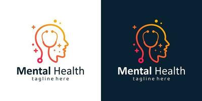 Mental health logo design. Psychotherapy symbol concept. Human head with stethoscope graphic design vector illustration.