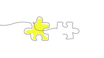 Continuous one line drawing of two pieces of jigsaw . Continuous line art of your glass for logo, minimalist tattoo Ukraine colors. Video flat cartoon animation design element