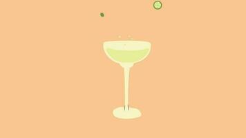 Dry martini cocktail.  Classical drink in martini glass with green olive. Bar summer menu. Colorful animation  alcoholic drink video