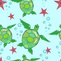 Seamless pattern with turtles and starfish. Design for textile and print. Summer vivid wallpaper vector