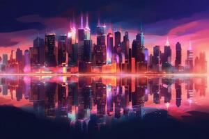 Neon colored cityscape skyline at night. photo