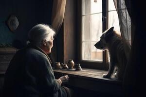 solo mayor mujer sentado cerca ventana con perro. generativo ai foto