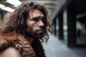 Portrait of prehistoric man at city street in present time. photo