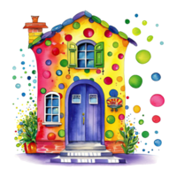 Watercolor colorful cute happy house with polka dot, isolated. png