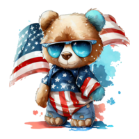 Watercolor happy cute patriotic bear with American flag print, Fourth 4th of july Independence Day USA, isolated. png