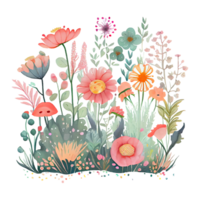 Watercolor whimsical drawing of a flower garden with cute details, isolated. png