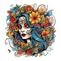 Tattoo style portrait of chicano girl, Mexican woman with flowers art, isolated. png