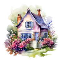 Watercolor cozy cottage surrounded by flowers garden, isolated. png