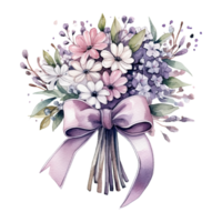 Watercolor delicate bouquet of flowers with a ribbon tied around, isolated. png