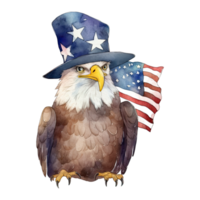 Watercolor happy cute patriotic eagle with American flag print, Fourth 4th of july Independence Day USA, isolated. png