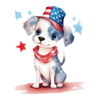 Watercolor happy cute patriotic dog, puppy with American flag print, Fourth 4th of july Independence Day USA, isolated. png