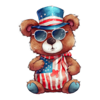 Watercolor happy cute patriotic bear with American flag print, Fourth 4th of july Independence Day USA, isolated. png