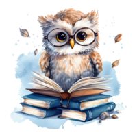 Watercolor cute owl with glasses reading book, isolated. png