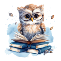 aquarelle mignonne hibou avec des lunettes en train de lire livre, isolé. génératif ai png