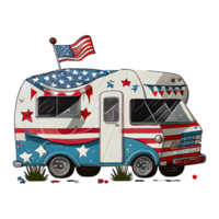 Watercolor happy cute patriotic car, track with American flag print, Fourth 4th of july Independence Day USA, isolated. png