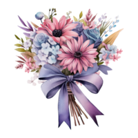 Watercolor delicate bouquet of flowers with a ribbon tied around, isolated. Generative AI png