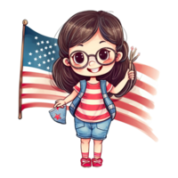 Watercolor happy cute patriotic girl with American flag print, Fourth 4th of july Independence Day USA, isolated. png