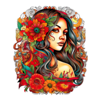 Tattoo style portrait of chicano girl, Mexican woman with flowers art, isolated. png