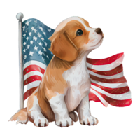 vattenfärg Lycklig söt patriotisk hund, valp med amerikan flagga skriva ut, fjärde 4:e av juli oberoende dag usa, isolerat. generativ ai png