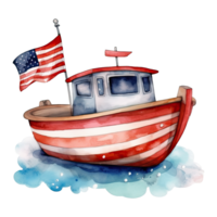 Aquarell glücklich süß patriotisch Boot, Schiff mit amerikanisch Flagge drucken, vierte 4 .. von Juli Unabhängigkeit Tag USA, isoliert. generativ ai png