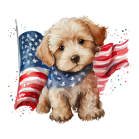 Watercolor happy cute patriotic dog, puppy with American flag print, Fourth 4th of july Independence Day USA, isolated. png