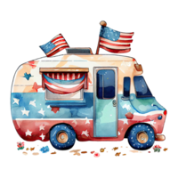 Watercolor happy cute patriotic car, track with American flag print, Fourth 4th of july Independence Day USA, isolated. png