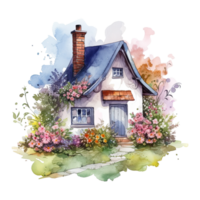 Watercolor cozy cottage surrounded by flowers garden, isolated. png