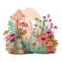 Watercolor whimsical drawing of a flower garden with cute details, isolated. png