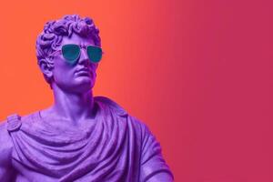 Gypsum statue in sunglasses on colored abstract background. photo