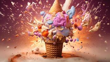 Melting ice cream cone with colored splash. photo