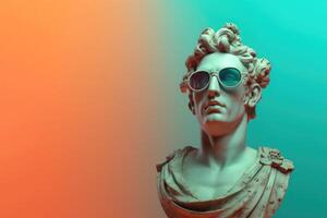 Gypsum statue in sunglasses on colored abstract background. photo