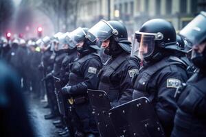 policía equipo vistiendo uniforme en el ciudad calle. generativo ai foto