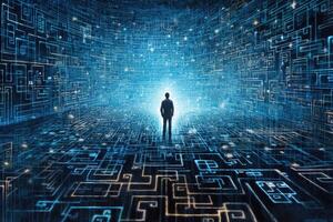 Person silhouette lost in digital maze. Labyrinth in cyberspace. Generative AI photo