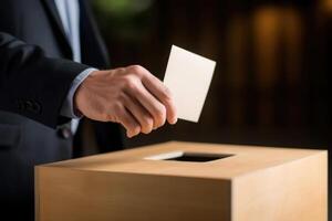 Voter hand put in bulletin in voting box. Elections concept. photo