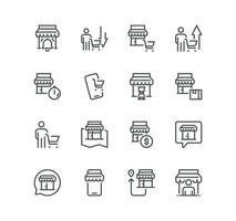 Set of shop management related icons, increase sales, supermarket, boutique, showroom building and linear variety vectors. vector