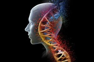 Human body silhouette and DNA strand. Generative AI photo