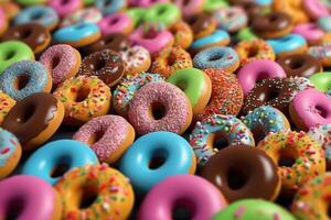 Assorted colorful donuts background. photo