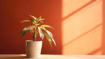 Table with plant in vase against wall background. photo