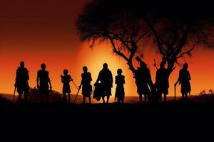 siluetas de africano aborígenes a puesta de sol. generativo ai foto