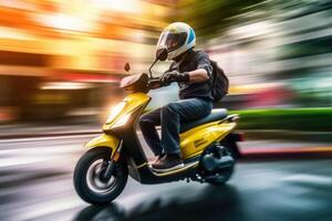 Male biker driving retro scooter at city street. photo