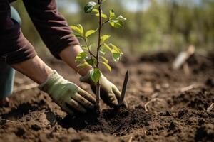 plantando árbol en suelo. trabajo en jardín. generativo ai foto