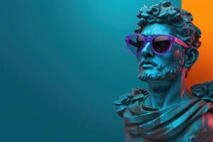 Gypsum statue in sunglasses on colored abstract background. photo