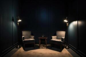 Podcast room interior with two empty chairs and spotlights. photo