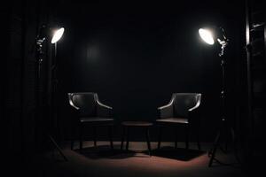 Podcast room interior with two empty chairs and spotlights. photo