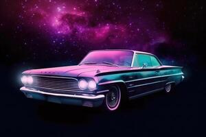 Futuristic retro car in space galaxy background. photo